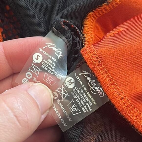 Polerina sheer illusion set orange black fishnet mesh small top medium bottoms - Picture 8 of 9